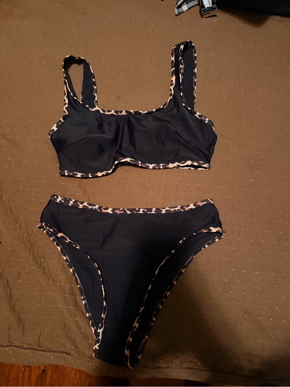 SHEIN Black Bikini Set with Leopard-Print Trim